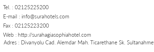 Sura Hagia Sophia Hotel telefon numaralar, faks, e-mail, posta adresi ve iletiim bilgileri